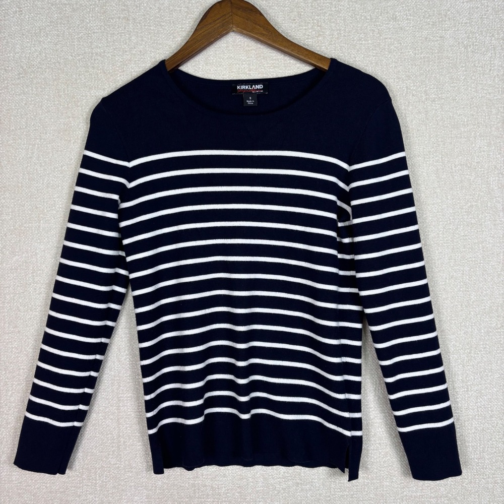 Kirkland Womens Navy Blue White Striped Crewneck Sweater Small Nautical